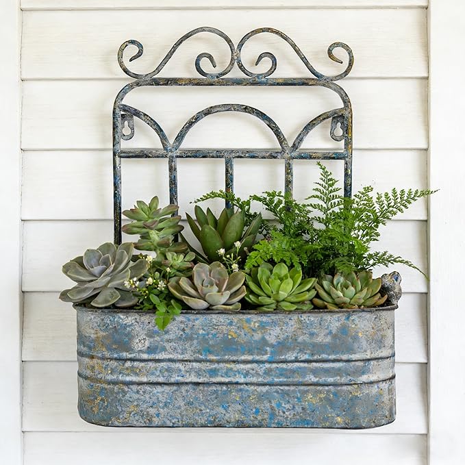 Rustic Metal Wall Planter Vintage Wall Mounted Flower Pot Distressed Wall Hanging Plant Basket Farmhouse Wall Decor for Indoor Outdoor Garden Home Yard (Gray)