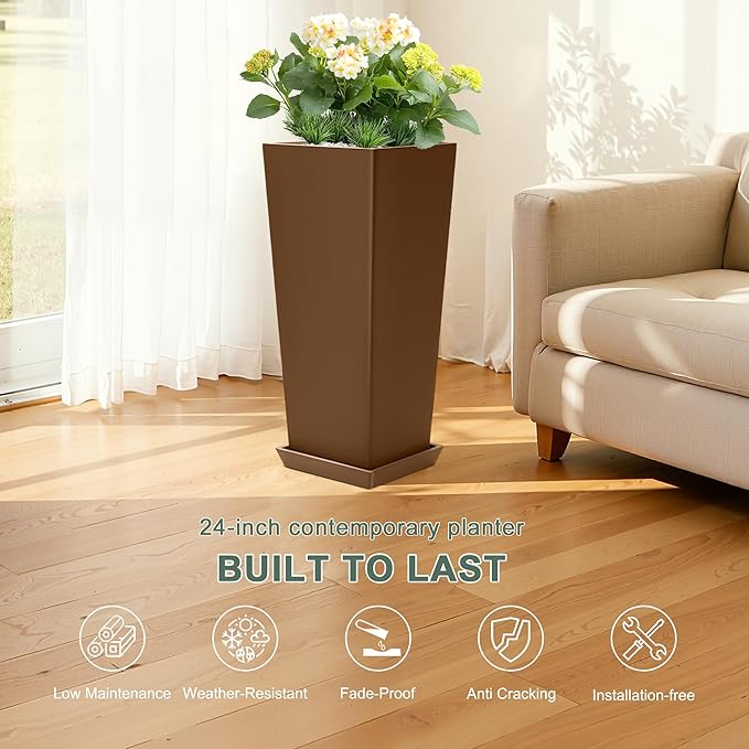 Set of 2 Large Planters for Outdoor Plants 24" Tall Tapered Modern Flower Pots with Drainage Tray for Garden, Patio, Porch (Brown)