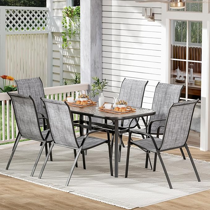TLSUNNY 7 Pieces Patio Dining Set, Outdoor Table and Chairs W/1.69″ Umbrella Hole, 30"X 55" Table and Stackable Textilene Chair, All Weather Patio Furniture Set (Umbrella not Included) (Grey)