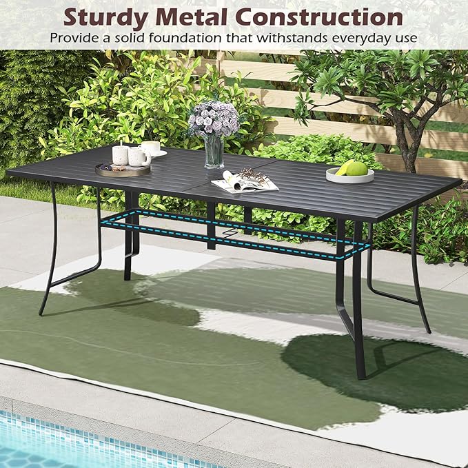 Tangkula 76" x 36" Metal Patio Dining Table for 8, Rectangle Heavy Duty Outdoor Dining Table with Umbrella Hole, 8-Person Outside Dining Furniture for Porch, Garden, Balcony and Backyard
