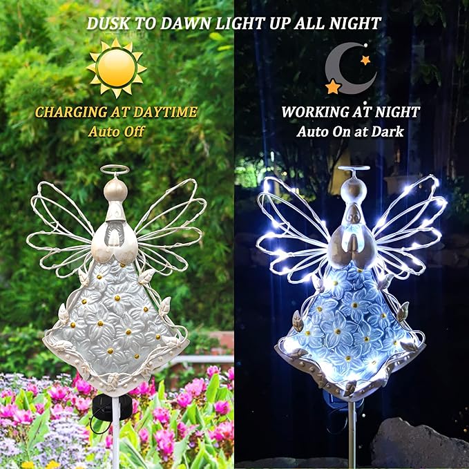 38Inch Angel Solar Lights Outdoor Decorative-Metal&Glass Angel Hydrangea Flower Garden Stake Lawn Light- Waterproof 30 Warm White LED for Remembrance Gifts & Grave Decorations (White)