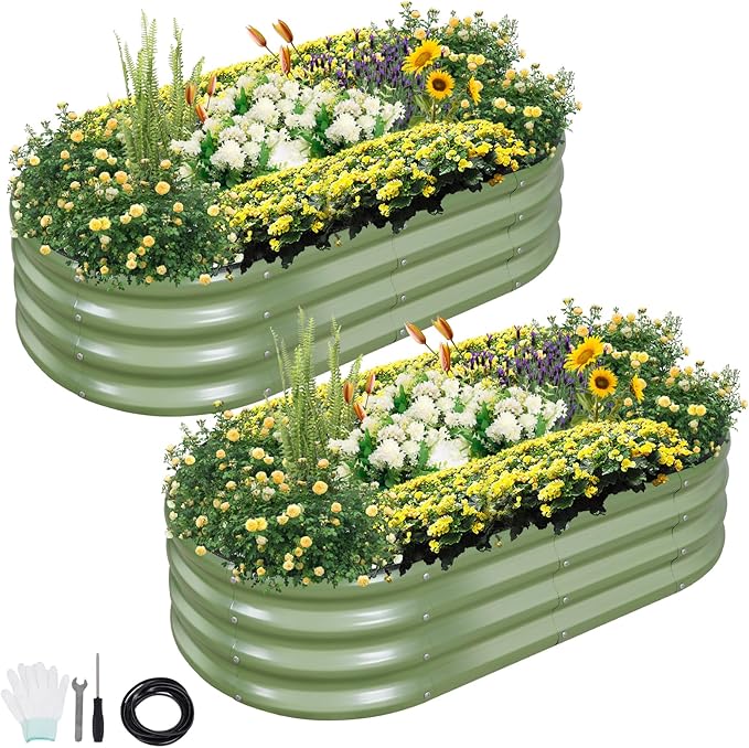 Galvanized Raised Garden Bed Outdoor- 2 Pcs Raised Beds for Gardening| Metal Planter Box, Steel Raised Garden Bed Kit with Gloves for Vegetables, Flower, Herbs (4x2x1FT, Green)