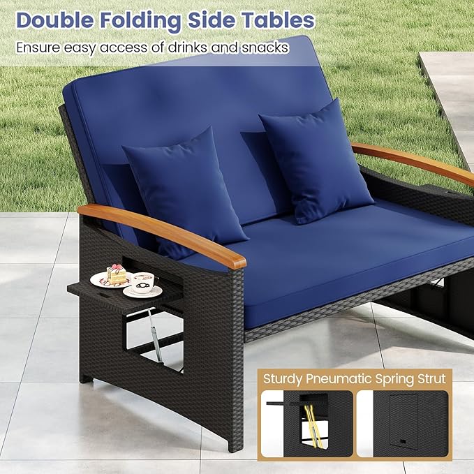 Tangkula Patio Rattan Daybed with 4-Level Adjustable Backrest, Outdoor Wicker Loveseat with Acacia Wood Armrest, Storage Ottoman & Folding Tray, Double Sunbed for Yard & Poolside (Navy & Black)