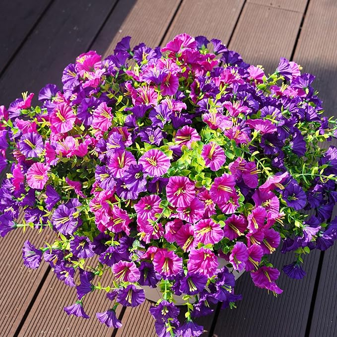 Artificial Flowers for Outdoors, UV Resistant Fake Silk Morning Glory, Realistic Faux Plants for Outside Porch Patio Window Box Hanging Planter (12, Purple Fuchsia)