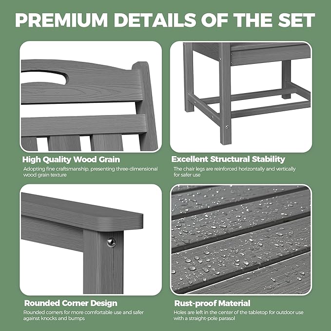 HDPE Outdoor Patio Dining Set with Table & 6 Chairs, All-Weather 7-Piece Outdoor Table and Chairs, 2" Umbrella Hole, Patio Furniture for Garden, Backyard, Deck | Grey