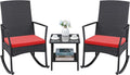 Greesum 3 Pieces Patio Furniture Set Outdoor Wicker Rocking Chairs with Glass Coffee Table for Garden Backyard Porch Poolside, Red