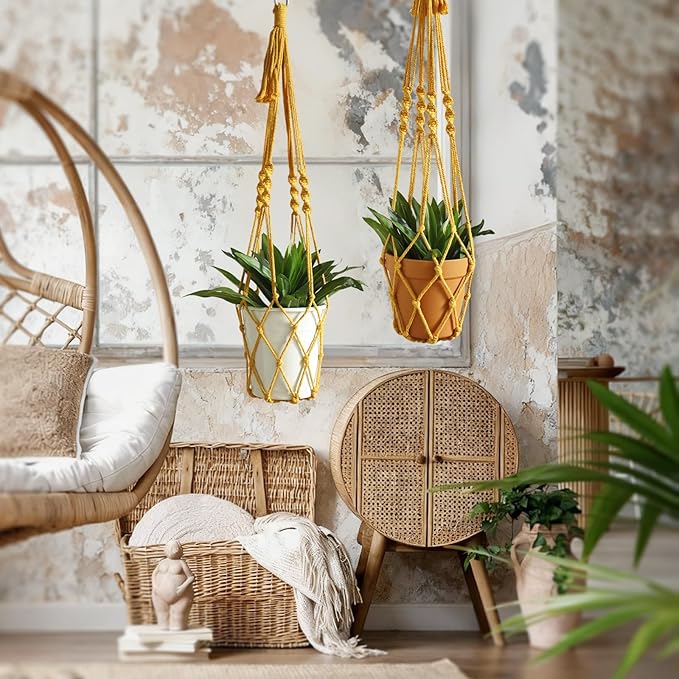 Artilady Boho Macrame Plant Hangers - Handmade Hemp Rope Hanging Baskets for Plants with Ceiling Hooks, Bohemian Home Decor Wall Art (Ginger-Yellow-2pcs)