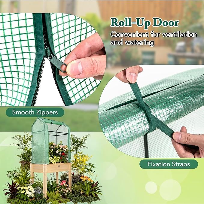 Raised Garden Bed with Greenhouse Cover,Elevated Wood Planter Box with Legs & Non-Woven Liner,34" L x18 W x 66" H Indoor Outdoor Gardening Bed for Vegetables, Herbs, Flowers