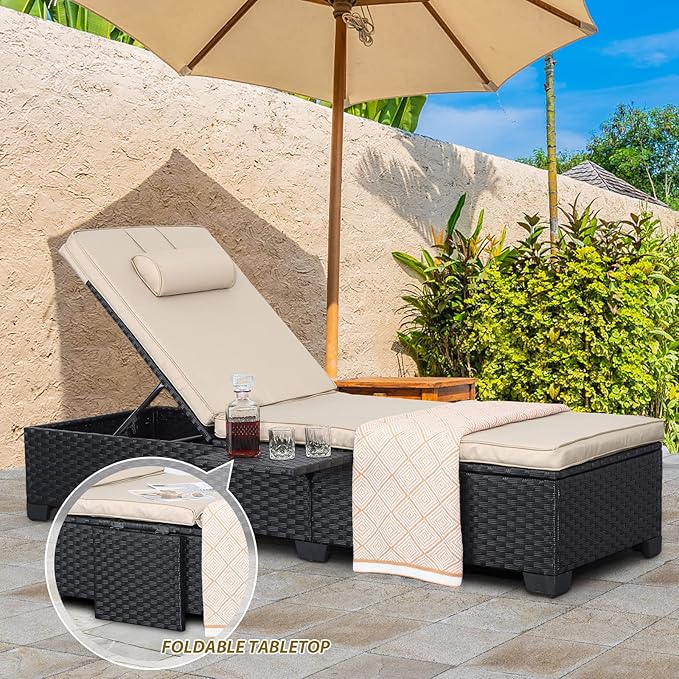 WAROOM Outdoor Chaise Lounge Chairs for Outside Patio Furniture Set of 2 Wicker Recliner Black Rattan Sunbathing Lounger Adjustable Backrest Pool Reclining Chair, Khaki Cushion