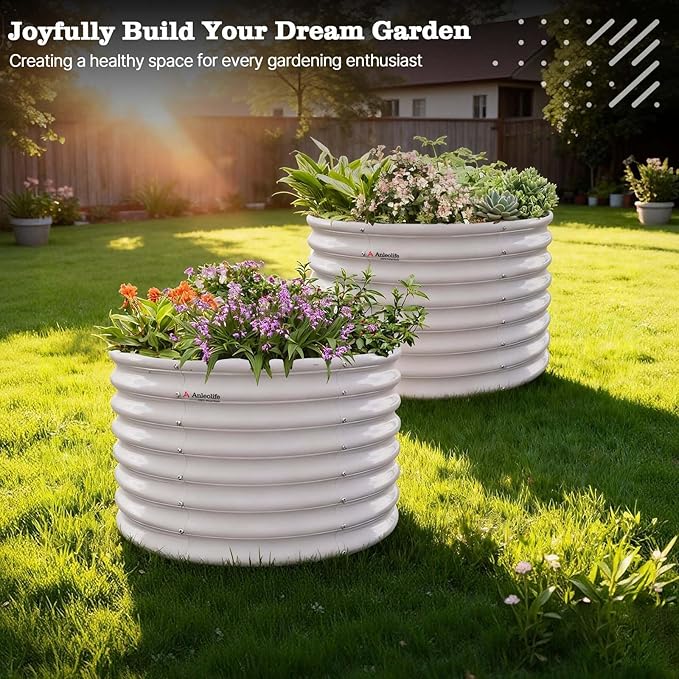 A ANLEOLIFE 2-Pack 3ft x 24” Tall Galvanized Raised Garden Beds Outdoor, Round Metal Planter Box for Planting Vegetables Flowers Herb, Anti-Rust & Easy-Setup, Antique White