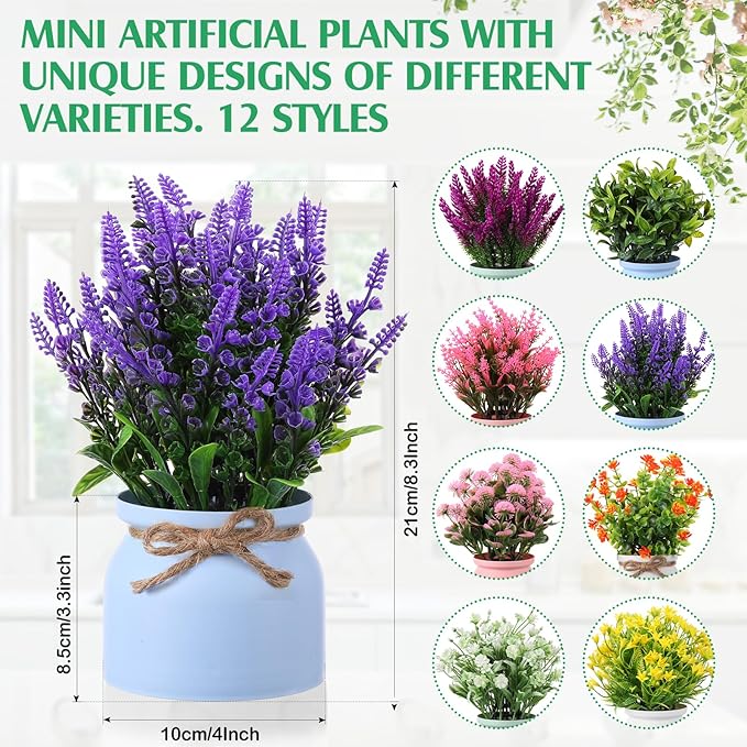 Cindeer 12 Pcs Large Artificial Potted Flowers Fake Potted Plants Plastic Faux Flowers for Home Decor Indoor Artificial Plants in Pots for Wedding Home Desk Tabletop Outdoor Office Kitchen (Vintage)