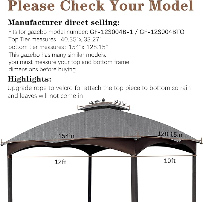 SCOCANOPY Replacement Top for The Lowe's Gazebo Model #GF-12S004B-1 / GF-12S004BTO (Grey Ripstop)