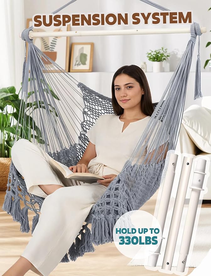 Chihee Hammock Chair Super Large Soft-Spun Cotton Rope Weaving Hanging Chair, Collapsible Strong Metal Spreader Bar Wide Seat Lace Stretch Swing Chairs Indoor Outdoor Garden Yard Theme Decoration