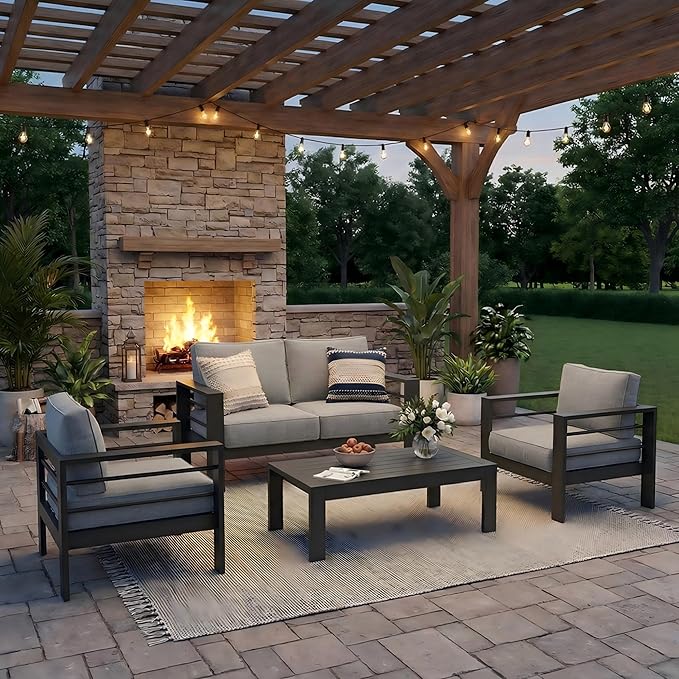 Solaste Aluminum Outdoor Patio Furniture Set, 4 Seats Patio Sectional Sofa with 5" Thick Cushion, Outdoor Patio Set with Coffee Table for Porch, Backyard, Deck, Yard, Light Grey
