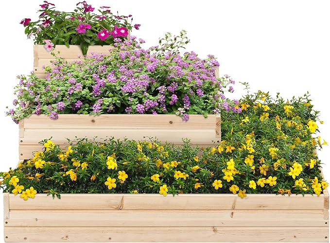 Yaheetech 3 Tier Wooden Raised Garden Bed 44.5'' L×44.5″ W×20.5″ H, Horticulture Open-Bottom Planter Raised Garden Bed for Flowers/Herbs/Vegetables Planter Flower Box