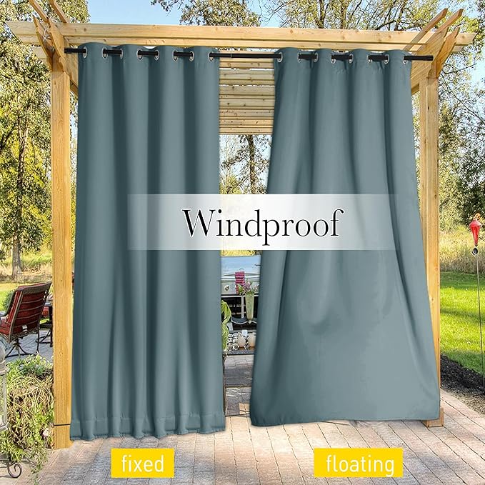 NICETOWN 2 Panels Waterproof Outdoor Curtains Fixed Grommet & Back Tab on Top & Bottom, Thermal Insulated Keep Rain & Sun Out Blackout Windproorf Outdoor Drapes with Rope, W52 x L84, Greyish Blue