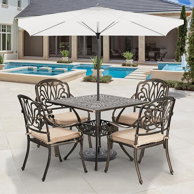 VINGLI 5-Piece Outdoor Patio Dining Set, Cast Aluminum All-Weather Outdoor Table and Chairs w/Cushion, Outdoor Furniture Set w/Umbrella Hole for Backyard Deck Poolside (Square, Elizabeth Back)