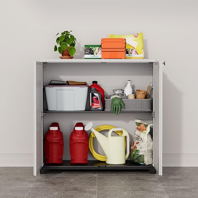 ADDOK Indoor Outdoor Plastic Storage Cabinet 34"x15"x34" with 1 Shelf, Outdoor Storage Shed for Living Room, Hallway, Balcony, Garage, Garden, Backyard-White