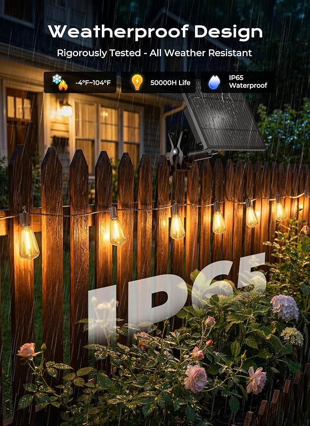 Brightown 202FT Solar String Lights Outdoor Waterproof, Patio Lights with Remote and 65+2 LED Shatterproof Bulbs, Dimmable & Timable, 3 Light Modes, Solar Lights Outdoor for Yard Camping Party Outside