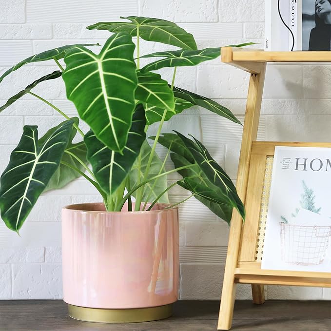 Gepege Pink Indoor Plant Pots for Plants, Large Ceramic Planter with Drainage Hole, 9.6-inch Succulent Orchid Flower Pot - Rainbow Pearl Glaze