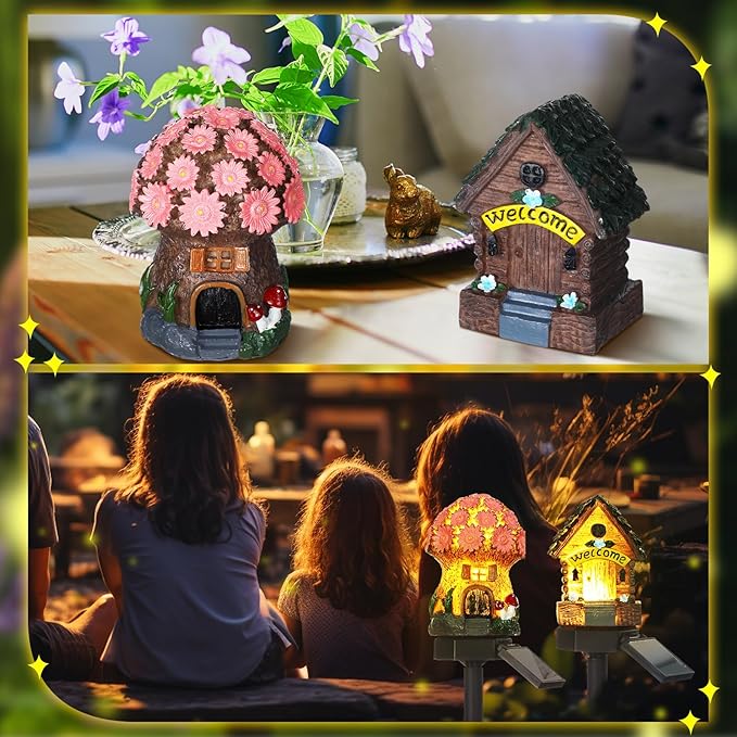2 Pack Mushroom Fairy House Solar Light Spring Outdoor Garden Home Statue LED Light Fairy Lights for Outside Spring Garden Lawn Walkway Patio Yard Backyard Plant Decoration