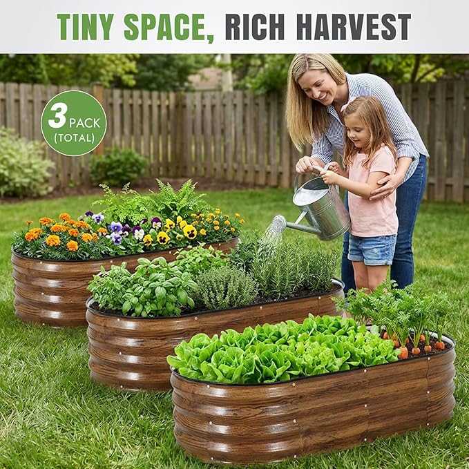 INNO STAGE 3Pcs Galvanized Raised Garden Bed Kit, Outdoor Metal Raised Garden Beds for Vegetables, Rust-Resistant & Easy Assembly, 4x2x1ft Oval Raised beds for Gardening, Flowers, Herbs (CoatedGrain)
