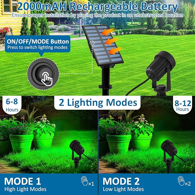 T-SUNUS Green Solar Spot Lights 2 Pack, Garden Landscape Spotlights Outdoor IP65 Waterproof Separated Panel 9.8ft Cable for St Patricks Day Halloween Christmas Lighting for Tree Pond Statue Graveyard