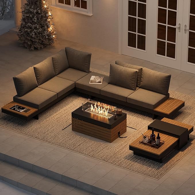 homary Patio Conversation Sets with Fire Pit-Modular Outdoor Sofa Aluminum & Teak Outdoor Sofa Se with Glass Wind Guard Ideal for Patios & Balconies, 6 Pepole