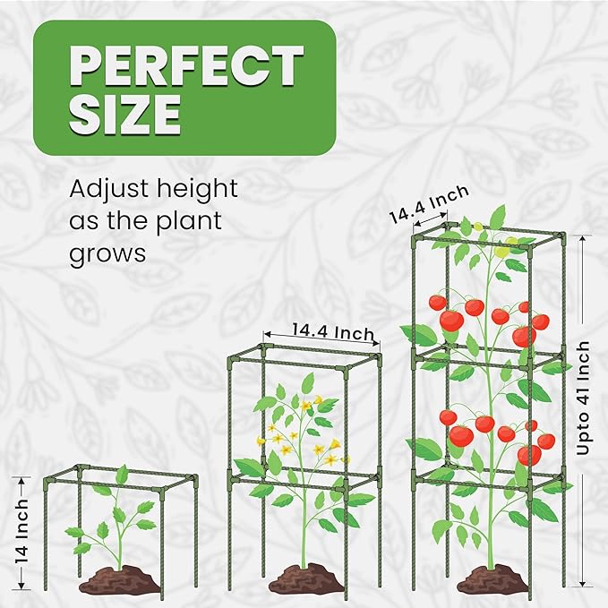 Tomato Cage Square - Large Trellis Stakes and Plant Support Structures for Vegetables and Climbing Plants - Tall Tomato Cages for Garden, Pots, Raised Garden Bed Outdoor Supplies (6 Pack - Up to 41")