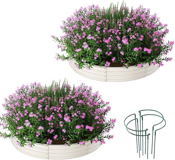 Galvanized Metal Planter Round Raised Garden Bed Kit for Gardening Outdoor，3x3x1ft 2PC Grow Garden Box Raised Flower Bed，Round Galvanized Planter Outdoor Large Metal Fire Pit Ring White