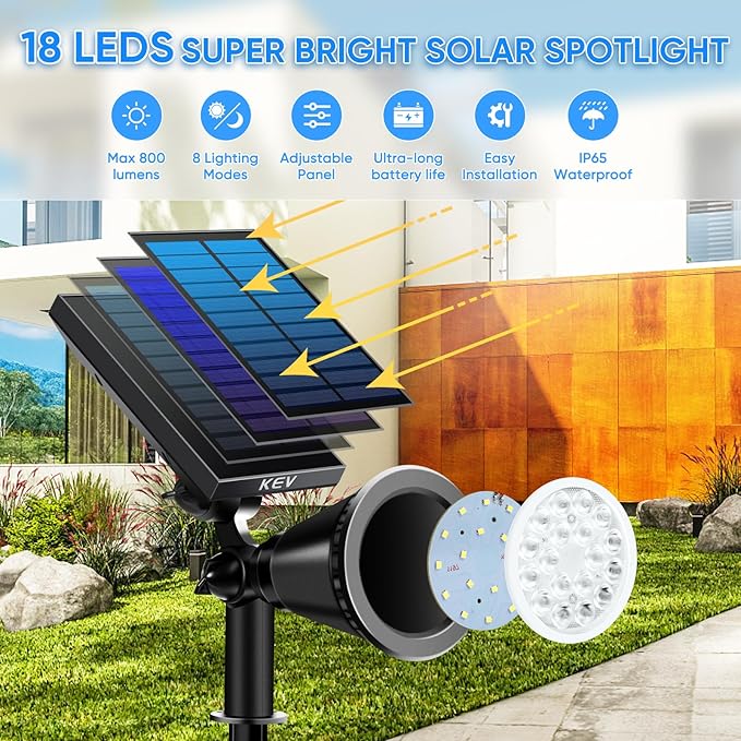 KEV Solar Spot Lights Outdoor,18 LEDs Solar Flood Lights with 8 Modes &Colored Adjustable &IPX65 Waterproof,Christmas Solar Spotlight for Driveway/Backyard/Landscape/Tree/Garage(Multicolor,4 Pack)