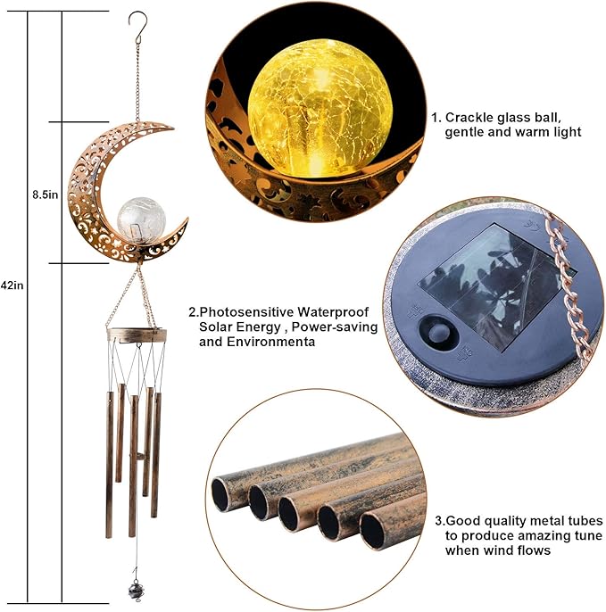 Moon Solar Lights Wind Chimes for Outside Gift for Women,Mom and Grandma Birthday Gifts Large Decor Windchimes Outdoors Gardening Gift for Outdoor Patio Yard Porch Solar Moon Night Lights