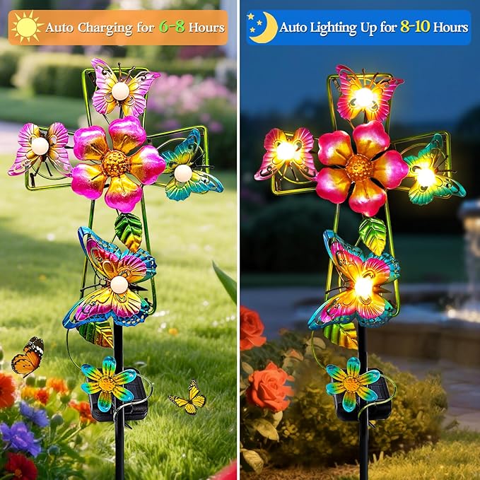 Solar Butterfly Cross Garden Stake Light, Metal Cross Cemetery Decorations for Grave Outdoor Lights, Sympathy Memorial Gifts, for Garden Lawn Yard Patio Decor