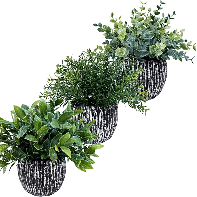 Winlyn Set of 3 Artificial Potted Plants Faux Eucalyptus Rosemary Boxwood Greenery in Black & White Concrete Pots Small Fake Plant for Indoor Outdoor Home Office Table Shelf Windowsill Greens Décor
