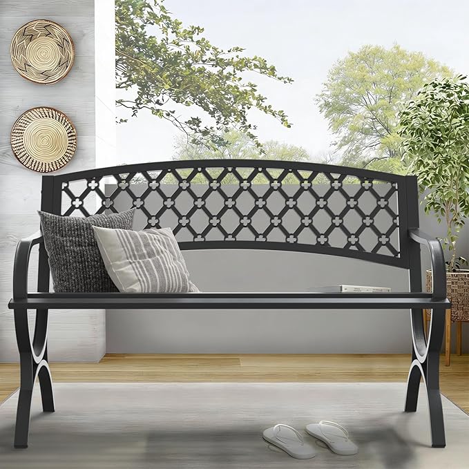 On Shine 50'' Patio Garden Bench, Loveseats Patio Park Bench,Black Steel Cast Iron Frame Bench,Metal Bench Outdoor for Porch Yard Lawn Deck (Grid)