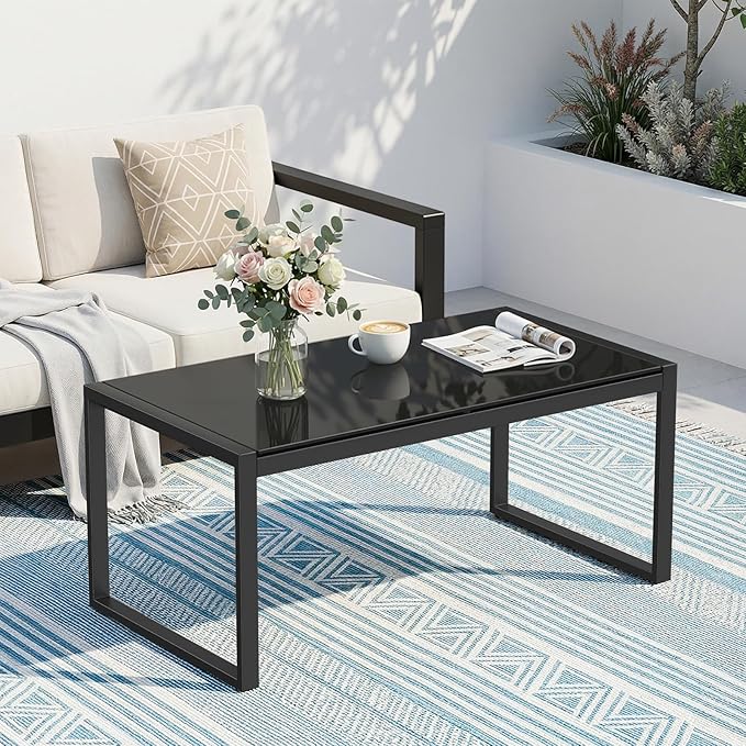 ONBRILL Rectangle Coffee Table with Tempered Glass Desktop, Galvanized Frame Outdoor Coffee Table with Adjustable Feet for Patio, Balcony, Deck, Living Room, Black