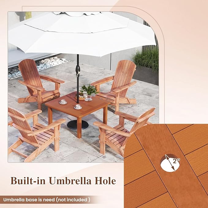 Tangkula Patio Coffee Table with Umbrella Hole, 35.5 Inches Outdoor Solid Square Wood Side Table with Slatted Tabletop & Teak Oil Finish, for Yard, Balcony, Deck