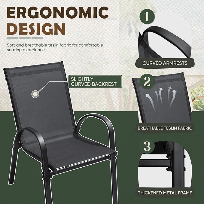 Flamaker Patio Chairs Stackable Dining Chairs Set of 4 Metal and Teslin Outdoor Chairs for Lawn Deck Porch Balcony (Black)