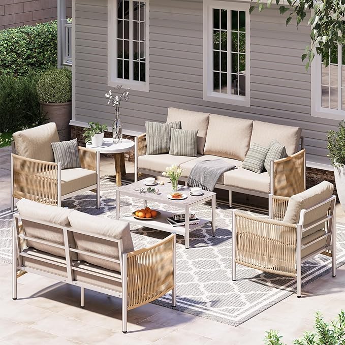 Aluminum Outdoor Patio Furniture Set with Dual-Layer Coffee Table, 5 Piece Modern Patio Conversation Sets with PE Rope, Outdoor Sectional Sofa with Thick Cushions for Balcony, Deck, Beige