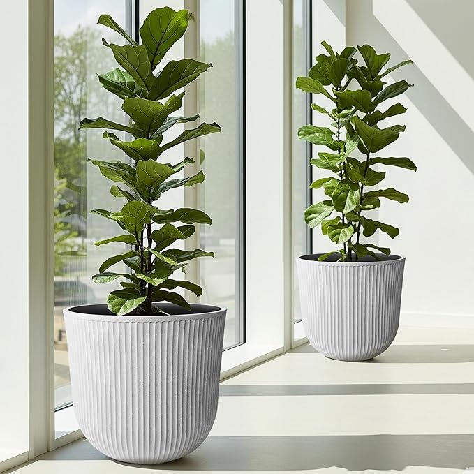 WORTH Garden Round Large Planter Pot Set of 2-17.5" Dia x 15.5" H - Durable Plastic White Plant Tree Pots with Vertical Stripe Textured Finish, Drainage Hole for Indoor, Outdoor, Front Porch, Patio