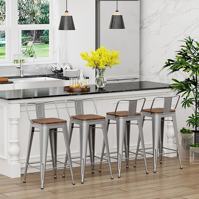 Yongchuang 26" Metal Barstools Set of 4 Low Back Bar Stool Counter Height Bar Stools with Wooden Top Silver