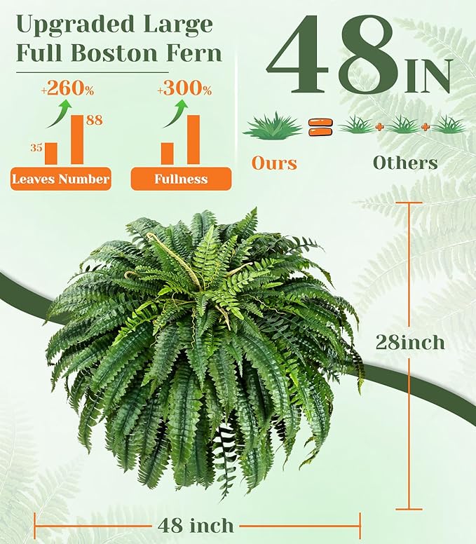 MARTINE MALL 2Pcs 48'' Fake Ferns Look Real Artificial Ferns for Outdoors, 88 Branches Large Faux Boston Fern for Outdoor Planter Realistic UV Resistant Hanging Artificial Fake Plants for Porch Patio