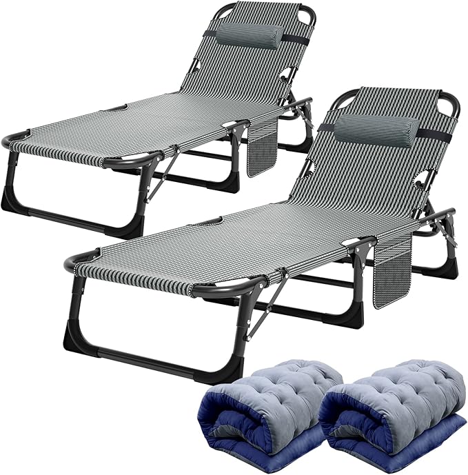 ABORON 2PK Heavy Duty Tanning Chair, 5-Gear Outdoor Folding Chaise Lounge Chair with Cushion,Portable Beach Lounge Chair for Outdoor Sunbathing Patio Pool Lawn Deck Poolside