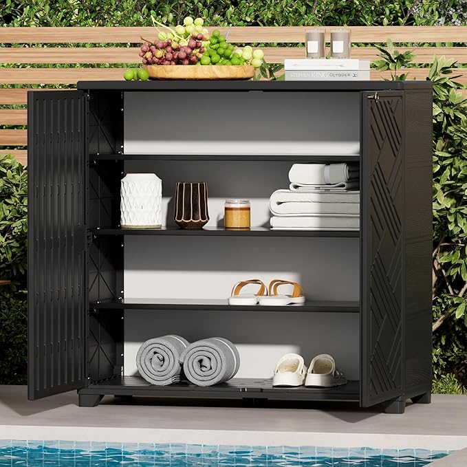 ADDOK Indoor Outdoor Plastic Storage Cabinet 34"x15"x34" with 1 Shelf, Outdoor Storage Shed for Living Room, Hallway, Balcony, Garage, Garden,Black