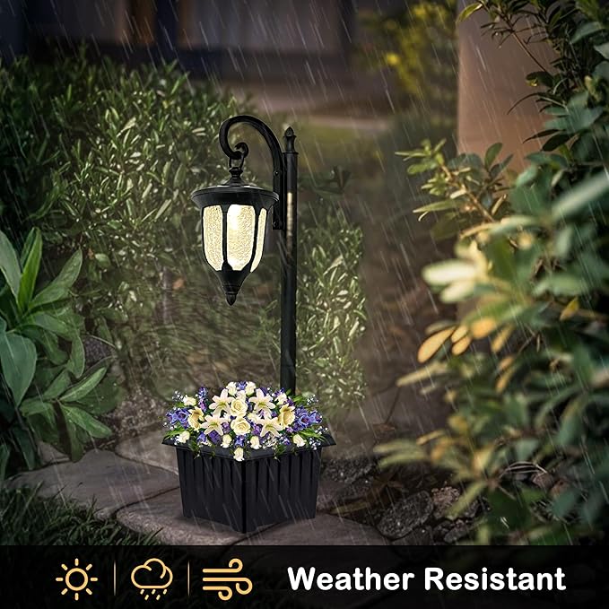 Solar Lamp Post Light with Planter, Outdoor Solar Lights with Crackle Glass, Matte Black Outdoor Flower Pots, 2 in 1 Solar Post Lights Waterproof for Porch Garden Patio