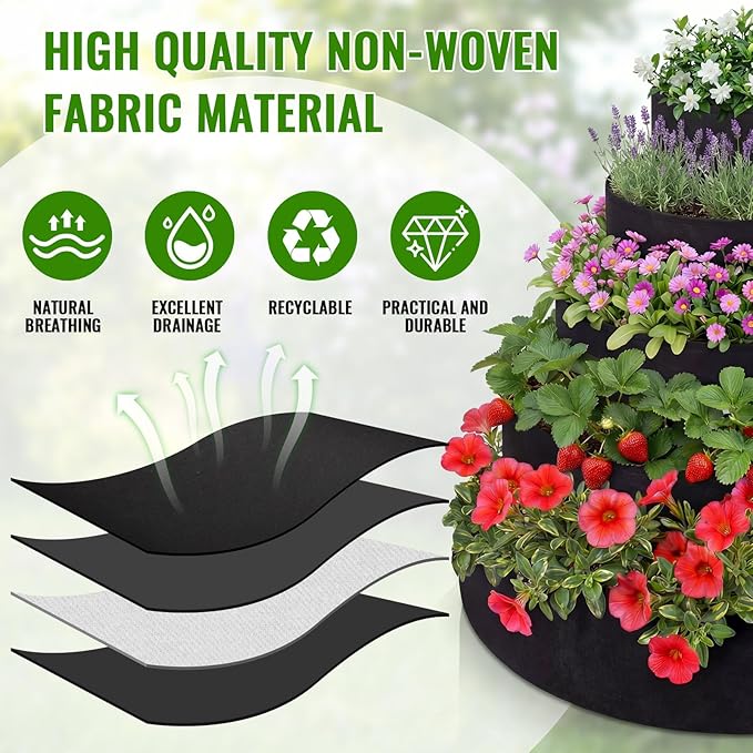 5 Tiered Strawberry Planter for Outdoor Plants, 39 Inch Heavy Duty Strawberry Tower Planter Grow Bags, Breathable Non Woven Fabric Raised Garden Bed for Vegetables Flower Herbs Gardening