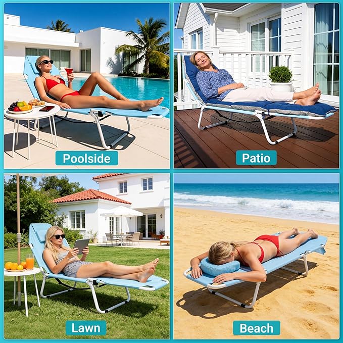 ABORON 2-in-1 Tanning Chair with Face Hole, Folding Camping Cot for Adults, 5-Position Adjustable Lounge Chair with Pillow, Heavy Duty 600D Oxford Portable Cot for Beach, Patio, Poolside