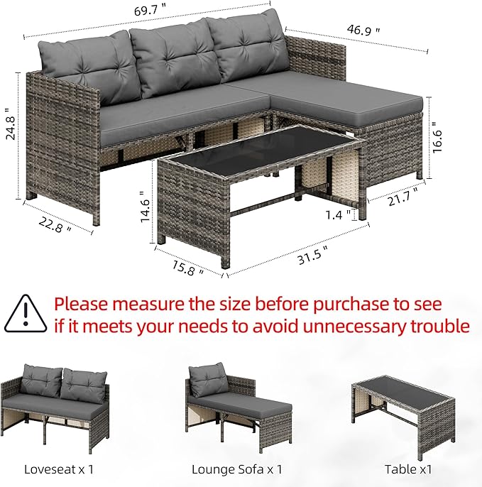Shintenchi 3-Piece Outdoor Patio Furniture Sets, Wicker Patio Conversation Sets, All Weather Wicker Rattan Patio Seating Sofas with Glass Coffee Table and Cushion, Gray