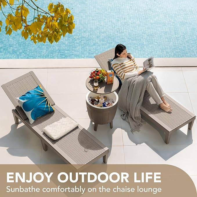 Devoko Outdoor Chaise Lounge Chair Set of 2 for Outside Pool Patio, Adjustable Waterproof Easy Assembly Chaise Lounge Outdoor (Light Brown, Set of 2)
