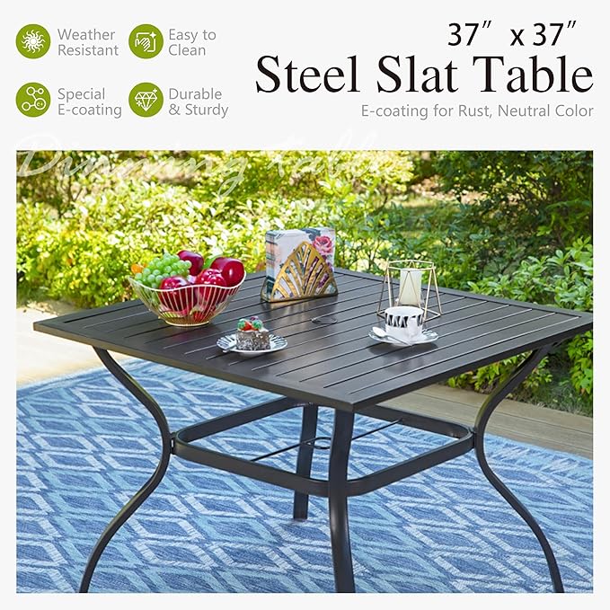 PHI VILLA 37" Patio Table for 4, Metal Outdoor Dining Table with E-Coating, Square Steel Slated Outdoor Table with 1.57" Umbrella Hole for Garden Backyard, Black